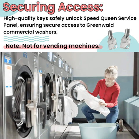 Person using commercial washer with GR777 Tubular Key Set For Commercial Washers And Coin Op Machines, Replacement Parts 68-1174-31-GR777, 0400ET-777, AP2402824, M404608, Fits Speed Queen And Maytag Service Panels, ESD Locks, Doors And Coin Slot Systems.
