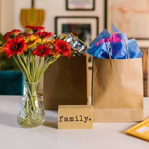 Small Brown Kraft Paper Bags With Handles 100 Pack 5.25 By 3.25 By 8 Inch Bulk Gift Bags with flowers and a family sign