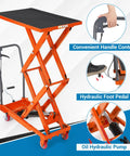 Heavy Duty Hydraulic Lift Table Cart, 770 Lbs Capacity, 50 Inch Rise with hydraulic foot pedal and handle control.