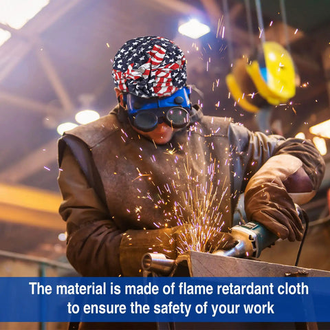 Welder with Eight Pack Reversible Welding Caps For Men And Women, Elastic Flame Resistant Cotton Welding Hat, using grinder.
