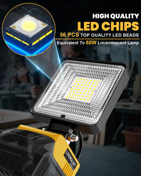 Close-up of LED chips on 38W 3800LM LED Work Light for Dewalt 20V Battery, showing 56 high-quality LED beads.