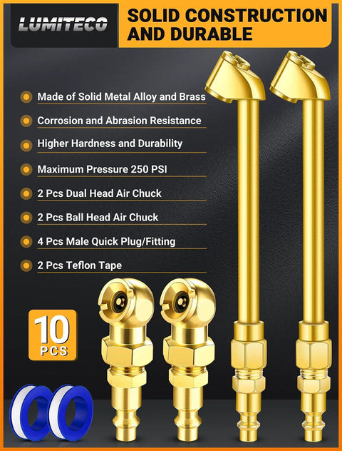 2 Pack Heavy Duty Air Chuck Set with Dual Head and Ball Chuck 1/4 Inch NPT Closed Flow for tire inflation, brass construction, includes male plugs and Teflon tape.