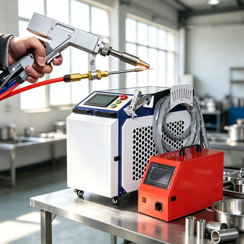 Portable Handheld Welder Machine Featuring Slick Digital Control Panel Professional Grade Welding Gun in workshop setup.