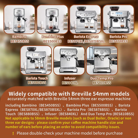 Professional Grade Three Ear Espresso Portafilter With Base And Double Spout Built From Premium Stainless Steel compatible with Breville 54mm models.
