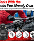 Mechanic using impact wrench with 8 Piece Socket Adapter And Reducer Set for ratchets in automotive workshop