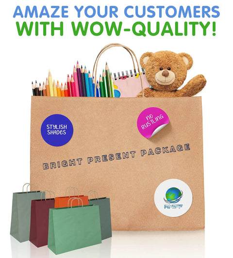 Red Kraft Paper Bags With Handles 16x6x12 Inches Pack Of 250 150 GSM Foldable Gift Bags For Weddings Valentines Day Party Favors Bulk Shopping Bags Ideal For Gift Wrapping And Event Favors shown with teddy bear and pencils.