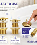 Heavy Duty Brass Pop Up Drain For Freestanding Tub With Brushed Gold Finish And Smart Hair Catcher To Beat Clog Headaches And Keep Your Jewel Drops Secured Tight, showing smooth pop-up action and user operation.