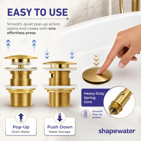 Heavy Duty Brass Pop Up Drain For Freestanding Tub With Brushed Gold Finish And Smart Hair Catcher To Beat Clog Headaches And Keep Your Jewel Drops Secured Tight, showing smooth pop-up action and user operation.