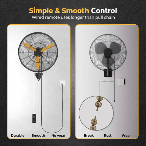 24 Inch Oscillating Misting Wall Mount Fan With Extended Wired Remote And Nine Point Eight Foot Power Cord For Greenhouse Garage Workshop And Covered Patio Cooling Solution showing durability and control comparison