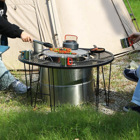Camping scene with Portable Fire Pit Surround Tabletop for Solo Stove Bonfire Ranger, folding iron design, outdoor use.