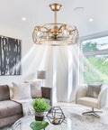 Dope Industrial 20 Inch Ceiling Fan With Light And Remote, Gold Cage Fixture in modern living room, E27 Bulb Base, 3 Speeds