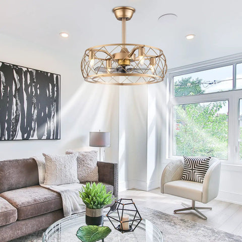Dope Industrial 20 Inch Ceiling Fan With Light And Remote, Gold Cage Fixture in modern living room, E27 Bulb Base, 3 Speeds