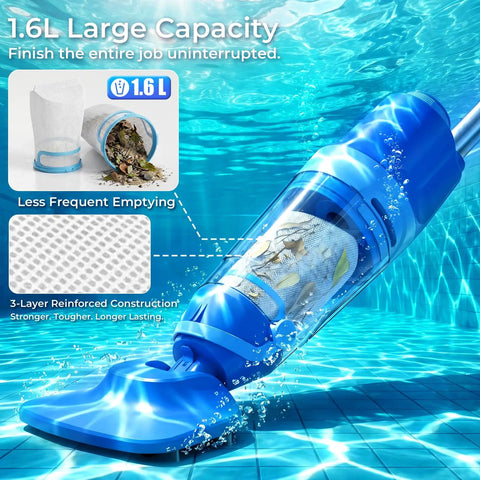 Cordless Pool Vacuum For Above Ground And Inground Pools 1427 GPH Powerful Suction with extra large filter underwater.
