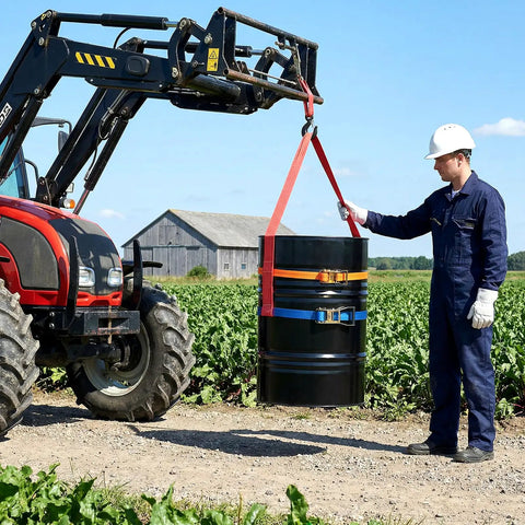 Shop Floor Ready Heavy Duty Fifty Five Gallon Drum Lifting Sling With Twin Adjustable Ratchet Straps used with a forklift in a field.