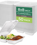 Eco Friendly 8 By 8 Inch 3 Compartment Clamshell Takeout Containers 50 Pack Compostable Sugarcane Paper Food Boxes with food displayed