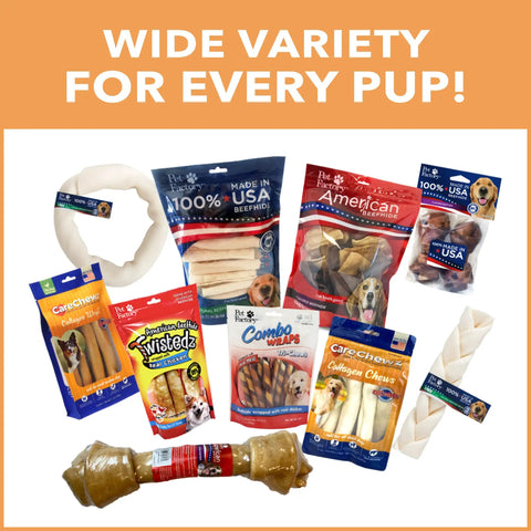 Variety of dog chew treats including CareChewz Collagen Twist Keys Dog Chew Treats 6 To 7 Inch Natural Flavor Beef Hide Dental Style Snack