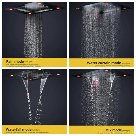Top Shelf Thermostatic Ceiling Rain Shower Set Featuring Twelve Led Color Tones And No Stress Temperature Lock with four spray modes