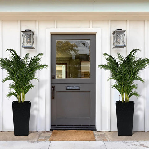 16 Inch Tall Planters Set Of 2 For Indoor And Outdoor Use In Black With Drainage Holes Inner Bucket And Water Level Monitors by front door