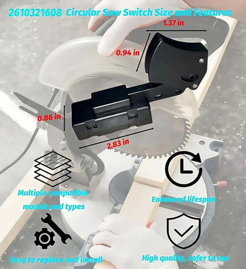 Heavy Duty Trigger Switch Replacement For Worm Drive Electric Saw And Power Tools installed on circular saw, showing dimensions and features.