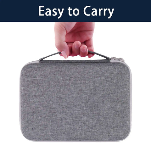 Rugged Hard Shell Case for DYMO LetraTag LT-100H and LT-100H Plus Label Maker shown held by hand, gray fabric, easy to carry.