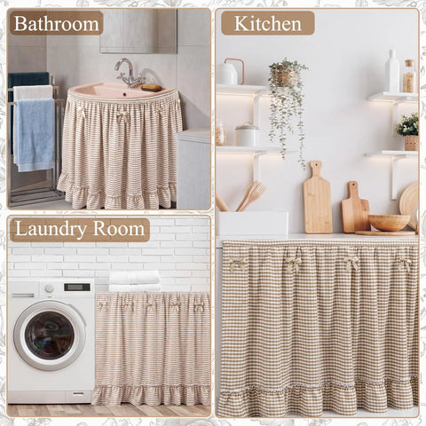 Brown And White Gingham Sink Skirt Featuring Darn Cute Ruffles To Hide Ugly Pipes And Clutter Behind Kitchen Cabinets Or Bathroom Vanity Soft Cotton Ruffled Cabinet Curtain Creates Sweet Country Vibes And Keeps Paws Off Messy Stuff 56 Inches Long