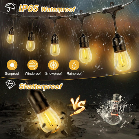 Outdoor Solar String Lights 100 Ft With 30 Plus 2 Shatterproof LED Bulbs IP65 Waterproof USB Port Remote Control 2700K Warm White Cozy Bistro Vibe For Backyard Deck Garden Patio Decor