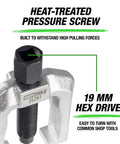 1 1/16 Inch Tie Rod End And Pitman Arm Puller Built Tough Drop Forged Removal Tool For Cars And Light Trucks, Heavy Duty 2-1/16 Inch Yoke, Fast, Effort Saving Pro Grade Performance. 19 mm hex drive, heat-treated screw