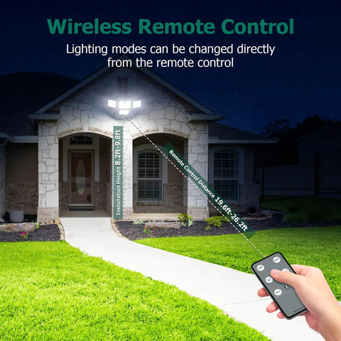 Game Changer 6000 Lumen Solar Outdoor Lights Four Head Motion Sensor Three Mode Operation IP65 Weatherproof Security Flood Remote Control Badass Yard And Backyard Illumination Two Pack Bundle