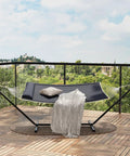 Two Person Hammock With Space Saving Steel Stand Included Outdoor Portable Hammock Lounge For Backyard And Garden Handmade Cotton Rope With PP Cotton Pad And Pillow Dark Gray on deck