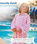 Child wearing pink Ultra Soft Turkish Cotton Kids Bathrobe And Hooded Towel Poncho With Zip Up, Terry Lining And Pockets by pool.