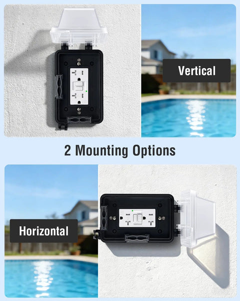 All In One Outdoor GFCI Kit With In Use Cover And Junction Box No Fuss 1 Gang Non Metal Weatherproof Outlet Box 20 Amp TR WR UL Listed GFCI Receptacle Extra Duty Lockable Cover Black 1 Pack, shown with vertical and horizontal mounting options by a pool.