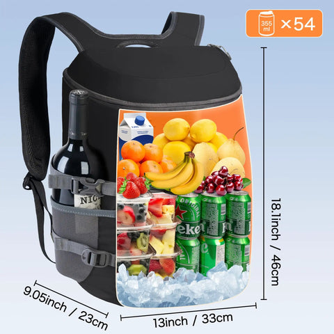 Beast Mode Backpack Cooler Keeps Drinks Ice Cold For Twenty Hours With Hella Leakproof Seals For Hiking Summer Travel Beach Outings Or Weekend Getaways In Durable Black with bottles, fruits, and snacks.