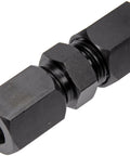 Side view of Dorman 800-205 high-pressure compression union, 3/8 in, black steel automotive fitting.