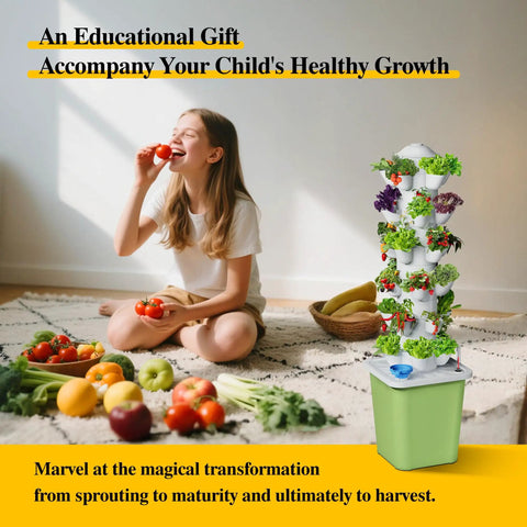 Child with Hydroponics Growing System Kit With 30 Pot Vertical Garden Tower Pump And Timer For Soilless Cultivation Of Herbs Fruits And Vegetables Mess Free Indoor Garden Gift For Gardening Lovers.