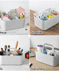 All In One Multipurpose Caddy Organizer With Handle Stackable Plastic Desk Organizer for various uses in four different settings.