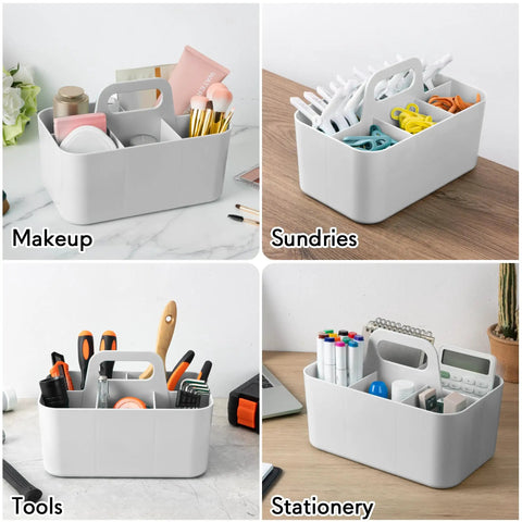 All In One Multipurpose Caddy Organizer With Handle Stackable Plastic Desk Organizer for various uses in four different settings.