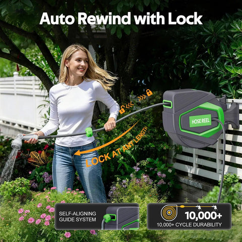 Retractable Garden Hose Reel With Auto Rewind 100 Foot No Fuss Easy Lock Wall Mount used in garden watering