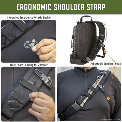 Ergonomic shoulder strap of Hardcore Single Shoulder Tactical Sling Bag, showcasing emergency whistle buckle and foam padding for comfort.