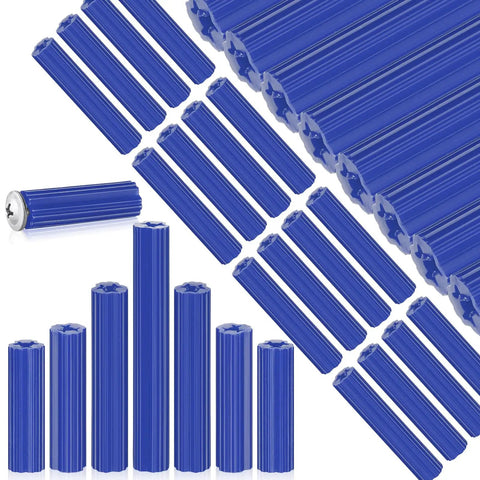 Go To Hardware Package With Two Hundred Expanding Plastic Screw Anchors For Concrete And Drywall Installations Lock Tight Heavy Duty Grip Fits Standard Wall Screws Easy Setup In Blue, featuring blue polyethylene anchors.