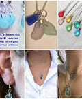 Collage of sea-glass jewelry: earrings and layered necklaces with blue, green, and multicolor pendants.