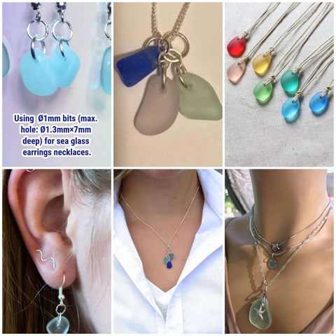 Collage of sea-glass jewelry: earrings and layered necklaces with blue, green, and multicolor pendants.