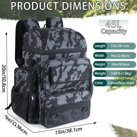 Heavy Duty Fishing Tackle Backpack With Rod Holders And 45L Large Capacity Gear Bag in camouflage 900D polyester, side view
