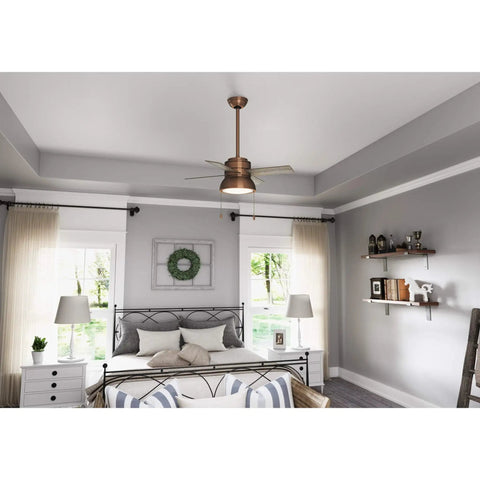 Loki Indoor Ceiling Fan With LED Light And Pull Chain, 36 Inch, Weathered Copper Finish installed in modern bedroom setting.