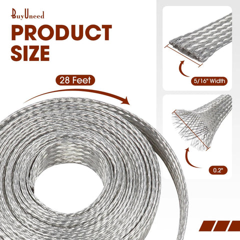 Tinned copper braided cable shielding sleeve, flat mesh ground strap, 28 ft long, 5/16 in wide, 0.20 in diameter.