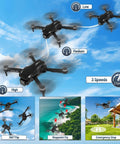4K HD FPV Mini Drone With Camera For Beginners showcasing 3 speed modes, 360° flips, waypoint fly, and emergency stop features.