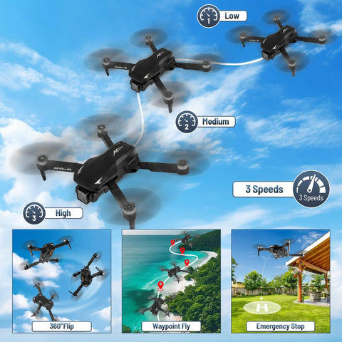 4K HD FPV Mini Drone With Camera For Beginners showcasing 3 speed modes, 360° flips, waypoint fly, and emergency stop features.