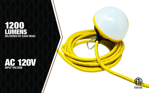 Bright Yellow LED String Lights 100 Foot Kit With 1200 Lumen LED Heads 120V AC, coil view with yellow cord and LED head.