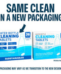 Water Bottle Cleaner Tablets 36 Pack No Chlorine Odor Control Formula new packaging comparison.