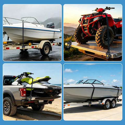 One Inch By Five Foot Bolt On Auto Retractable Ratchet Tie Down Strap securing boat and ATV on trailers with quick release feature.