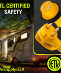 30 Foot 50 Amp RV Extension Cord With 4 Prong 14-50P And Twist Lock SS2-50R shown beside RV at campground, ETL listed